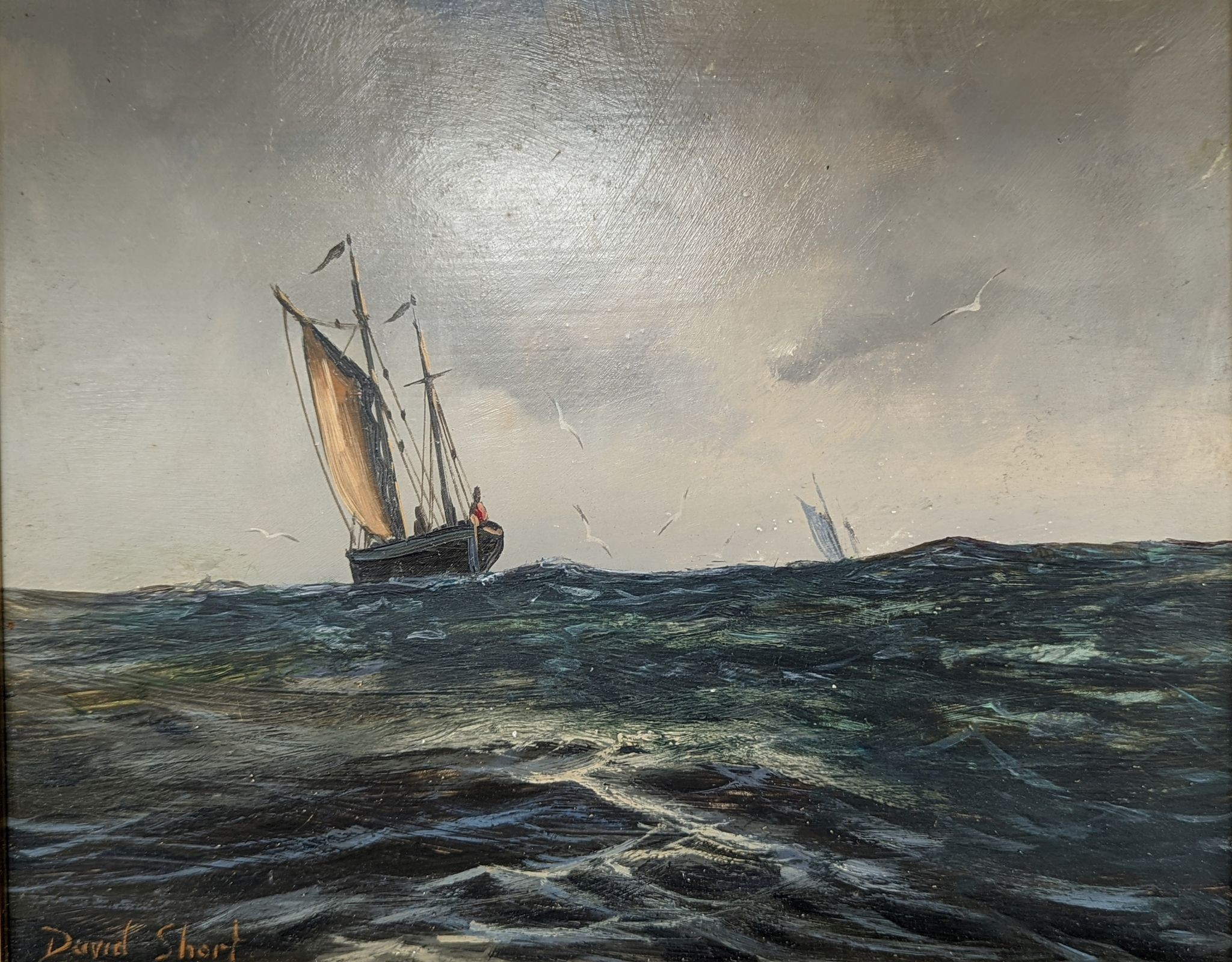 David Short, oil on board, Fishing boat at sea, 19 x 24cm